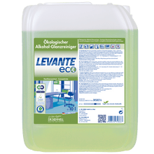 A 10-liter translucent container of Dr. Schnell LEVANTE ECO from DR.SCHNELL GmbH & Co. KGaA shows the green liquid inside. The German label displays product information and images of a clean office, highlighting the environmentally friendly application.