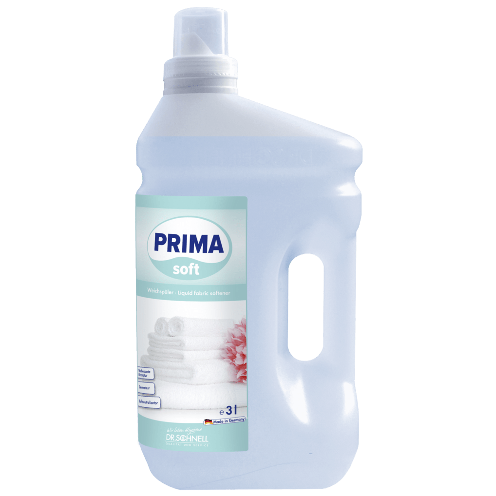 Dr. Schnell PRIMA SOFT by DR.SCHNELL GmbH & Co. KGaA is a liquid 3-liter fabric softener in a clear plastic bottle with a white cap, integrated handle, and a label with folded towels and a pink flower - ideal for professional use.