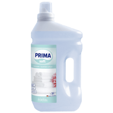 Dr. Schnell PRIMA SOFT by DR.SCHNELL GmbH & Co. KGaA is a liquid 3-liter fabric softener in a clear plastic bottle with a white cap, integrated handle, and a label with folded towels and a pink flower - ideal for professional use.