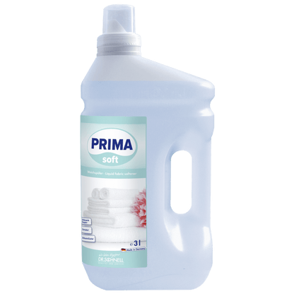 Dr. Schnell PRIMA SOFT by DR.SCHNELL GmbH & Co. KGaA is a liquid 3-liter fabric softener in a clear plastic bottle with a white cap, integrated handle, and a label with folded towels and a pink flower - ideal for professional use.