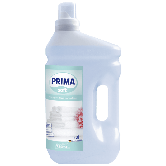 Dr. Schnell PRIMA SOFT by DR.SCHNELL GmbH & Co. KGaA is a liquid 3-liter fabric softener in a clear plastic bottle with a white cap, integrated handle, and a label with folded towels and a pink flower - ideal for professional use.