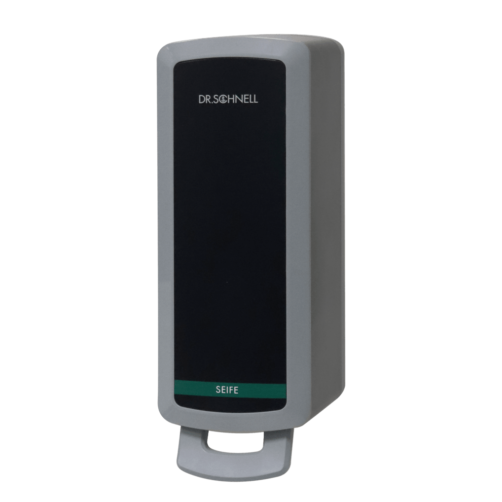 The Dr. Schnell dispenser V10N from DR.SCHNELL GmbH & Co. KGaA is a gray-black wall-mounted soap dispenser labeled "DR. SCHNELL" and "SOAP", ideal for the hygienic application of liquid soap in cleaning and disinfection systems.