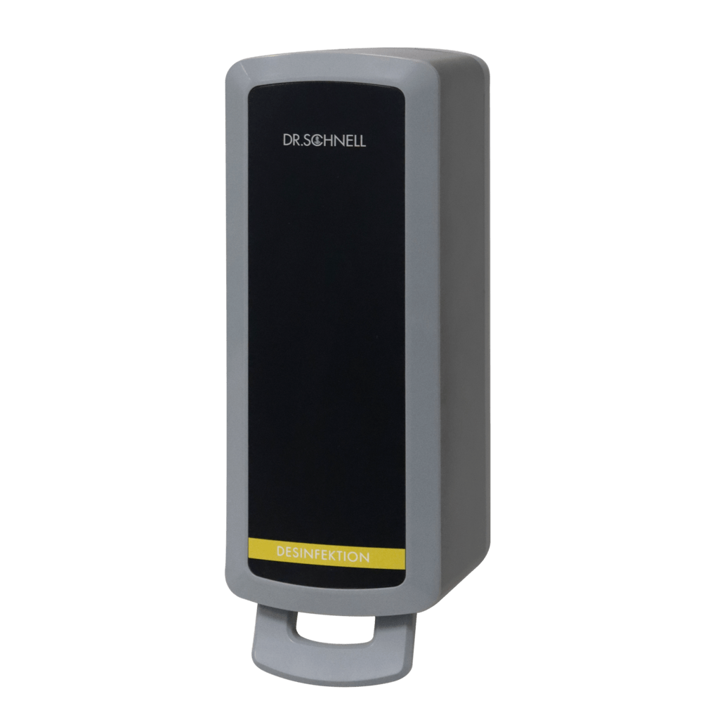 The Dr. Schnell dispenser V10N from DR.SCHNELL GmbH & Co. KGaA is a wall-mounted gray-black dispenser labeled "DR. SCHNELL" with a yellow "DISINFECTION" stripe for the hygienic use of cleaning and disinfecting agents.