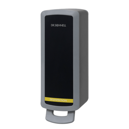 The Dr. Schnell dispenser V10N from DR.SCHNELL GmbH & Co. KGaA is a wall-mounted gray-black dispenser labeled "DR. SCHNELL" with a yellow "DISINFECTION" stripe for the hygienic use of cleaning and disinfecting agents.