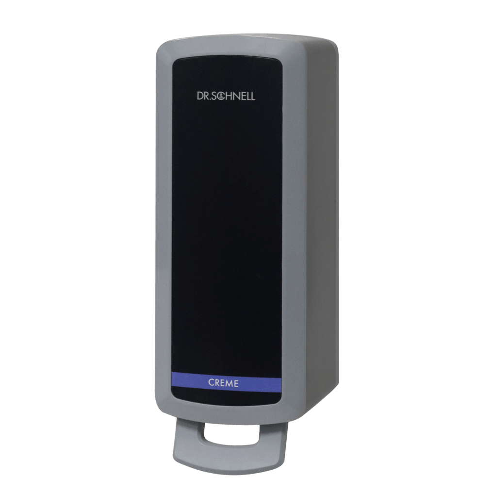 The Dr. Schnell dispenser V10N from DR.SCHNELL GmbH & Co. KGaA is a gray, rectangular wall dispenser with a black front and a blue "Cream" stripe, ideal for the hygienic application of cleaning and disinfecting agents.