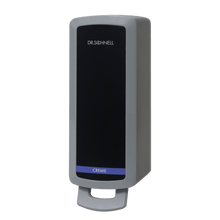 The Dr. Schnell dispenser V10N from DR.SCHNELL GmbH & Co. KGaA is a gray, rectangular wall dispenser with a black front and a blue "Cream" stripe, ideal for the hygienic application of cleaning and disinfecting agents.