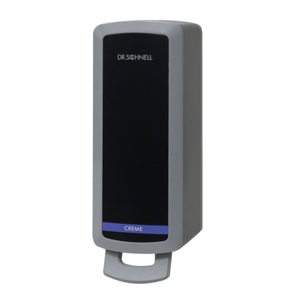 The Dr. Schnell dispenser V10N from DR.SCHNELL GmbH & Co. KGaA is a gray, rectangular wall dispenser with a black front and a blue "Cream" stripe, ideal for the hygienic application of cleaning and disinfecting agents.