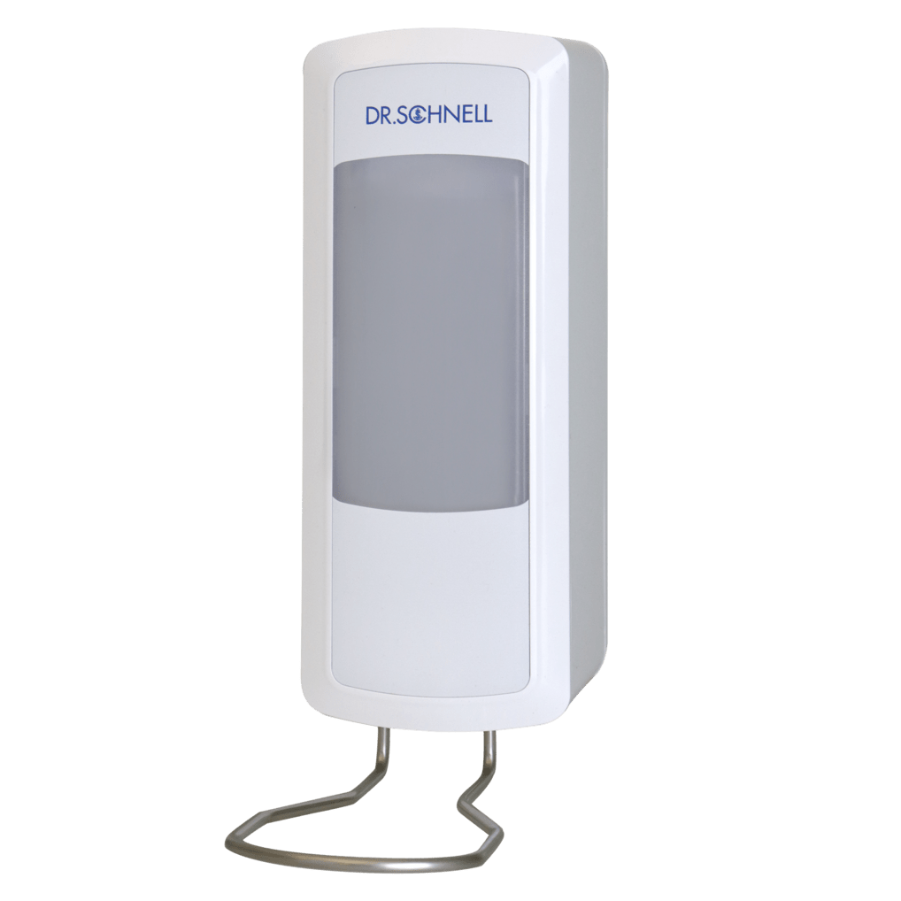 A white wall-mounted Dr. Schnell dispenser V10N from DR.SCHNELL GmbH & Co. KGaA with a large gray front panel labeled DR. SCHNELL" and is attached to a metal stand - ideal for the hygienic use of cleaning and disinfecting solutions.