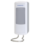 A white wall-mounted Dr. Schnell dispenser V10N from DR.SCHNELL GmbH & Co. KGaA with a large gray front panel labeled DR. SCHNELL" and is attached to a metal stand - ideal for the hygienic use of cleaning and disinfecting solutions.