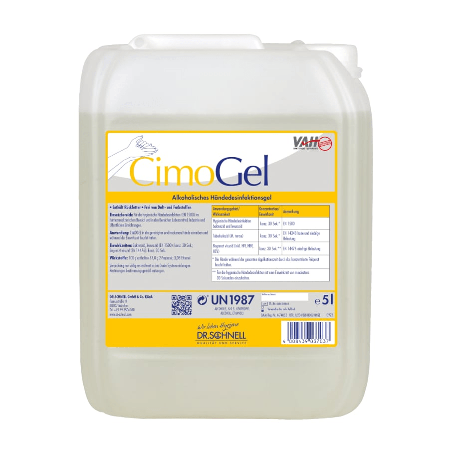 The 5-liter container made of translucent plastic of the Dr. Schnell CIMOGEL hand sanitizer by DR.SCHNELL GmbH & Co. KGaA, with a white lid and German label, reliably protects against bacteria and viruses.