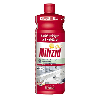 A red bottle Dr. Schnell CimoCid Free hand sanitizer by DR.SCHNELL GmbH & Co. KGaA, with a white label with German text and a picture of clean hands.