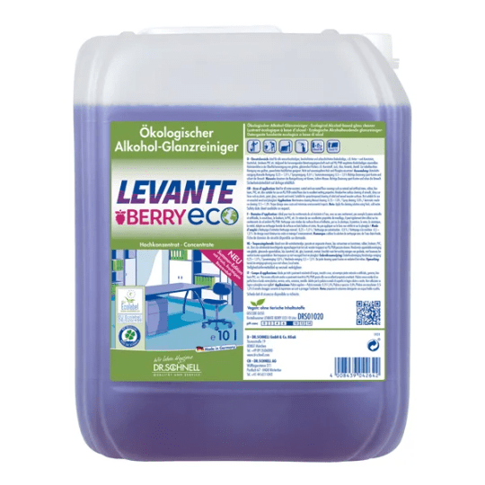 A 10-liter container Dr. Schnell Levante Berry ECO from DR.SCHNELL GmbH & Co. KGaA, with purple liquid and berry scent. The German label shows product information and a clean office space illustration.