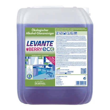 A 10-liter container Dr. Schnell Levante Berry ECO from DR.SCHNELL GmbH & Co. KGaA, with purple liquid and berry scent. The German label shows product information and a clean office space illustration.