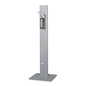 The Dr. Schumacher Desipoint | Piece (1 piece) from Dr. Schumacher GmbH is a tall, rectangular hand sanitizer dispenser with a metallic finish on a flat, square base, ideal for hygienic disinfectants and surface cleaning on a plain white background.