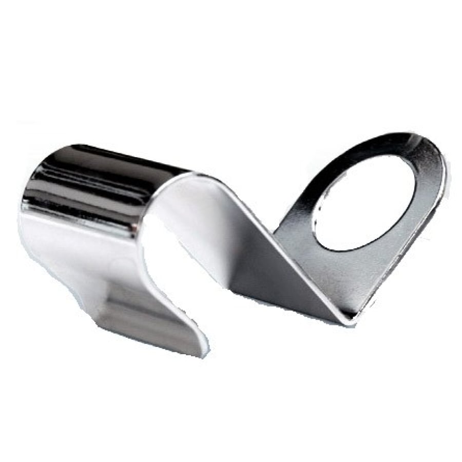 The Dr. Schumacher Descoflex Mobile Holder MH | Piece (1 piece) by Dr. Schumacher GmbH is a shiny, curved metal holder with a flat end and circular hole that provides a stable hold for mobile devices.