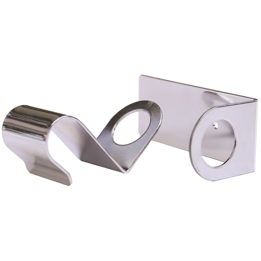 The Dr. Schumacher Descoflex Wall Mount WH is a shiny, reflective wall mount with a circular cutout and a curved hook that holds cylindrical objects like rods or dispensers. Includes a mounting hole for easy wall installation. 1 piece from Dr. Schumacher GmbH.