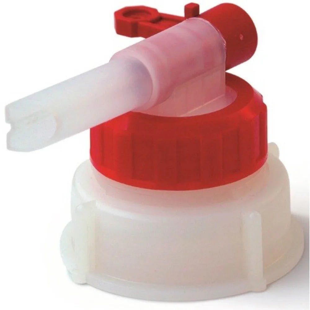 The Dr. Schumacher canister tap (1 piece) from Dr. Schumacher GmbH features a red screw cap, a white threaded base, and a transparent, angled spout with grip grooves for easy dispensing of liquids from the container.