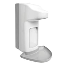 The Dr. Schumacher touchless plastic dispenser 500ml by Dr. Schumacher GmbH is a white, sensor-controlled dispenser with a vertical design and a lower tray for catching water, depicted on a simple white background.