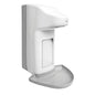 The Dr. Schumacher touchless plastic dispenser 500ml by Dr. Schumacher GmbH is a white, sensor-controlled dispenser with a vertical design and a lower tray for catching water, depicted on a simple white background.