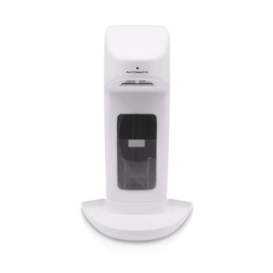 The Dr. Schumacher jet pump for wall dispensers TL by Dr. Schumacher GmbH is a white, wall-mounted soap or disinfectant dispenser with a curved drip tray, set against a plain white background.