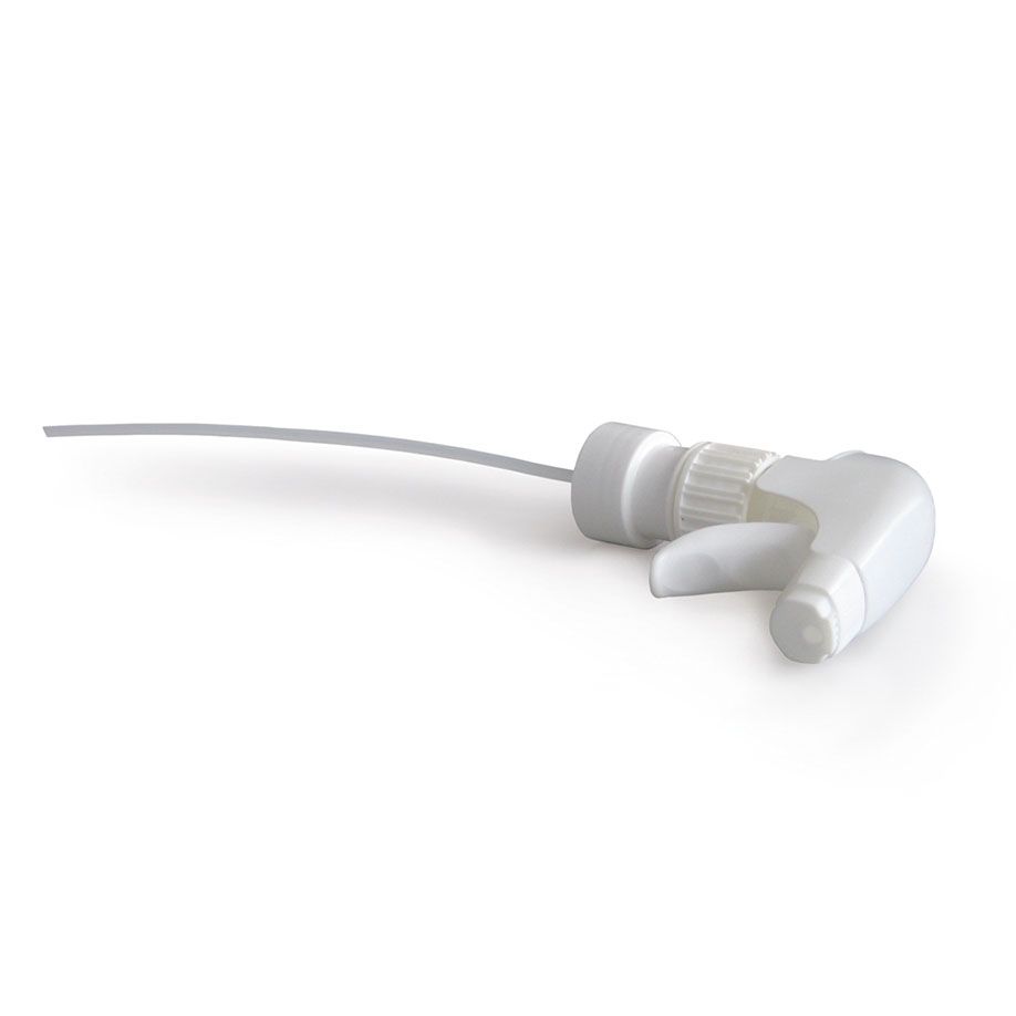 The Dr. Schumacher foam spray head (1 piece) from Dr. Schumacher GmbH is a white plastic trigger sprayer with a long dip tube, ribbed collar, and curved handle - ideal for dispensing disinfectant solutions during cleaning tasks.