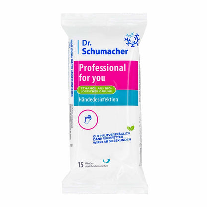 A pack of Dr. Schumacher GmbH Professional for you hand disinfection wipes, with German text on white packaging and blue/pink accents. Contains 15 virucidal, skin-friendly wipes.