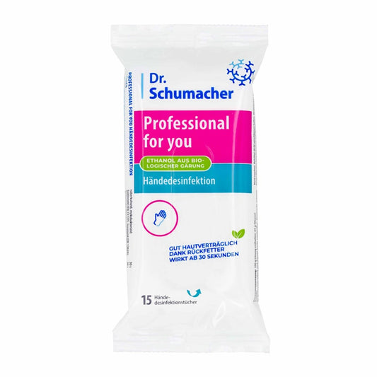 A pack of Dr. Schumacher GmbH Professional for you hand disinfection wipes, with German text on white packaging and blue/pink accents. Contains 15 virucidal, skin-friendly wipes.