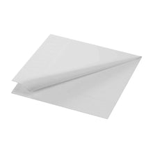 A tissue napkin from Duni GmbH measuring 33 x 33 cm in white with 1/4 fold lies flat with a raised corner. Its smooth texture reveals its 2-ply strength.