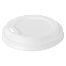 A white CPLA disposable coffee cup lid with a drinking opening and embossed warning notice, ideal for hot drinks, is available from Duni GmbH under the name "Lid for 170701/170634/182847 24 cl White" in a pack of 40.