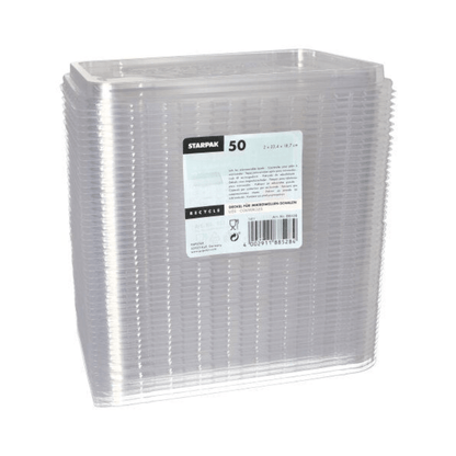 The image shows a stack of clear plastic lids with the inscription "Starpak lid for microwave dishes." The label on the front shows product details, including a recycling symbol and a barcode at the bottom.