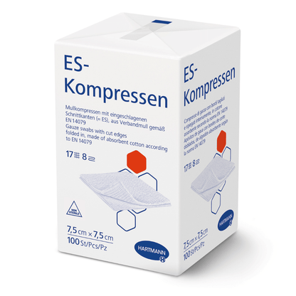 A white box labeled "Hartmann ES compresses various sizes, non-sterile" by Paul Hartmann AG shows product information in German, dimensions 7.5 x 7.5 cm, 100 pieces, an illustration of gauze compresses for wound care, and the Hartmann logo at the bottom.