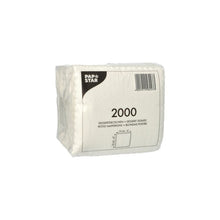 A sealed pack of PAPSTAR dessert doilies 15x15 cm, white (2000 pieces) from PAPSTAR GmbH, ideal as a white dessert base in gastronomy; rectangular napkins stacked in clear plastic with multilingual text and a barcode.