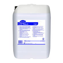 A 20-liter canister of Clax Delta G 11A1, a highly concentrated combination detergent for colored laundry from Diversey Deutschland GmbH & Co. OHG. The label designed for professional laundries contains instructions and safety information in multiple languages. The container is white with blue and violet text.