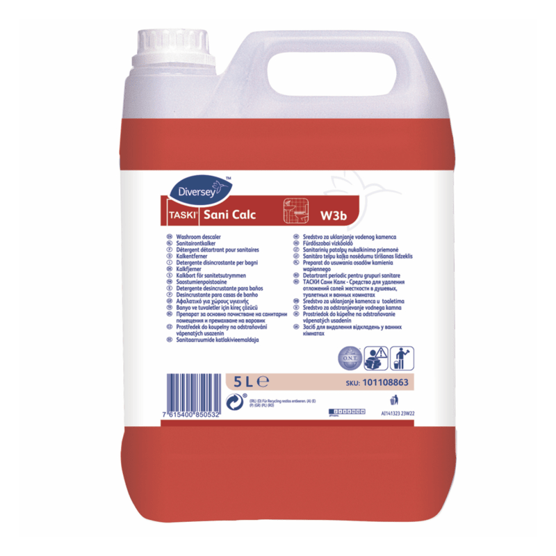 A 5-liter canister of Diversey TASKI Sani Calc W3b descaler from Diversey Deutschland GmbH & Co. OHG, ideal for limescale removal. The packaging contains product details, instructions for use, and safety information. The red canister is equipped with a practical carrying handle for easy transport.