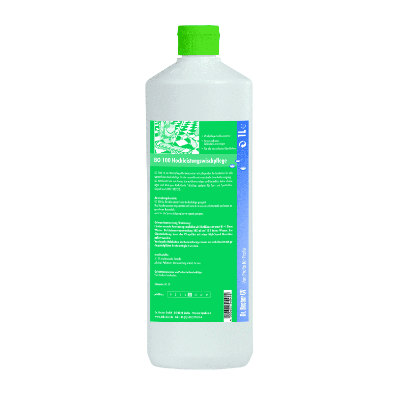 A plastic bottle with a green cap and a label in German with the note "Dr. Becher BO 100 High-performance floor cleaner", suggesting that it is a high-performance cleaning agent. The label contains green text from Dr. Becher GmbH.