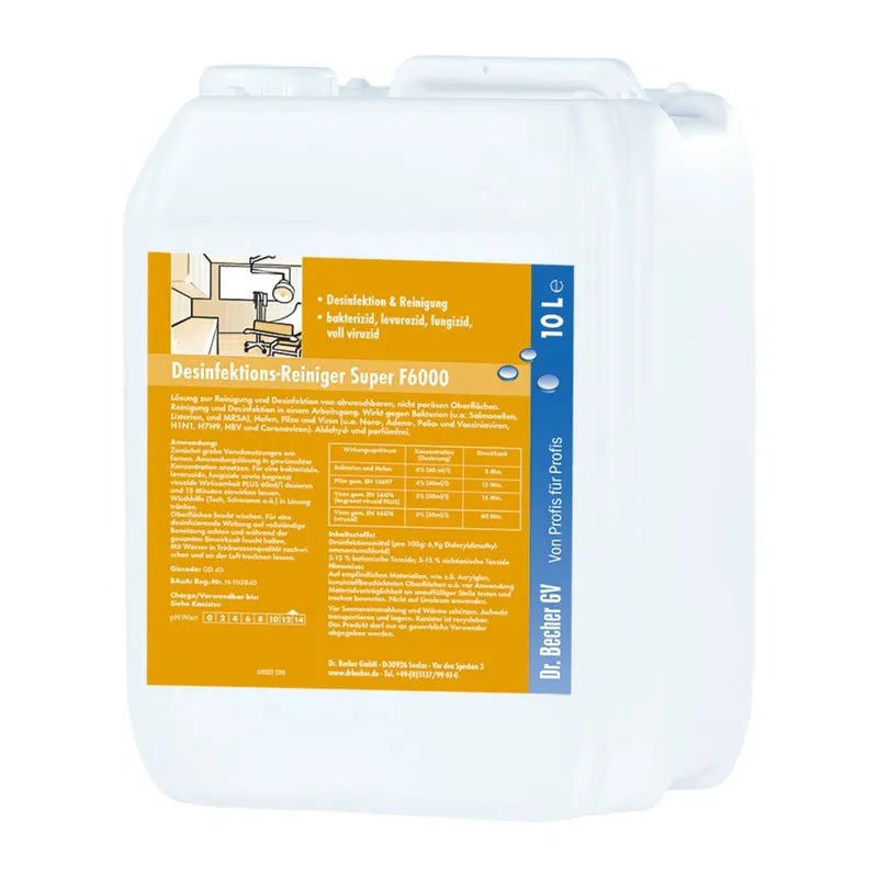 A 10-liter canister made of white plastic with the label "Dr. Becher Disinfectant Cleaner Super F6000", free of aldehydes and perfumes, in German, for disinfection