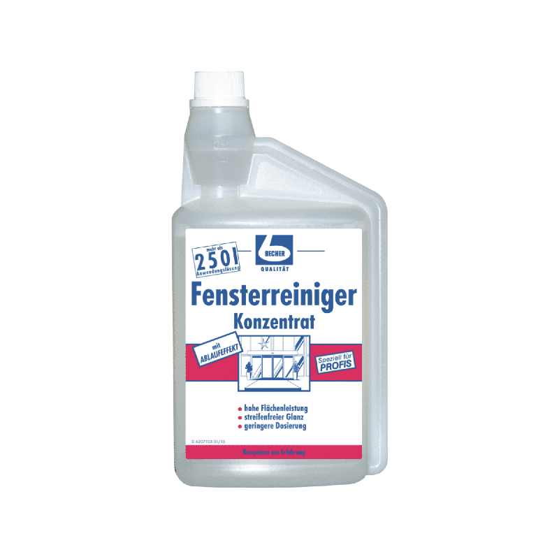 A bottle of Dr. Becher window cleaner concentrate - 1 liter from Dr. Becher GmbH. The clear bottle with a white label shows German text and a diagram of a window being cleaned – perfect for streak-free windows. The white cap has a pointed tip for easy application.
