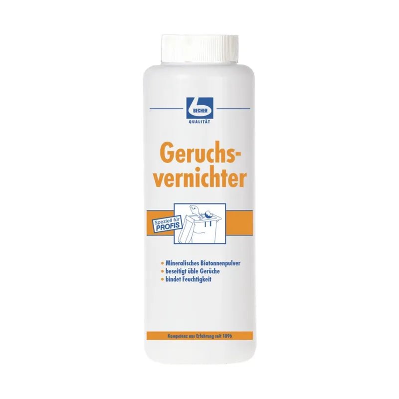 A white container with the German label "Dr. Becher Odor Neutralizer" from Dr. Becher GmbH, with text and symbols indicating its use as a mineral-based odor elimination powder that also absorbs moisture.