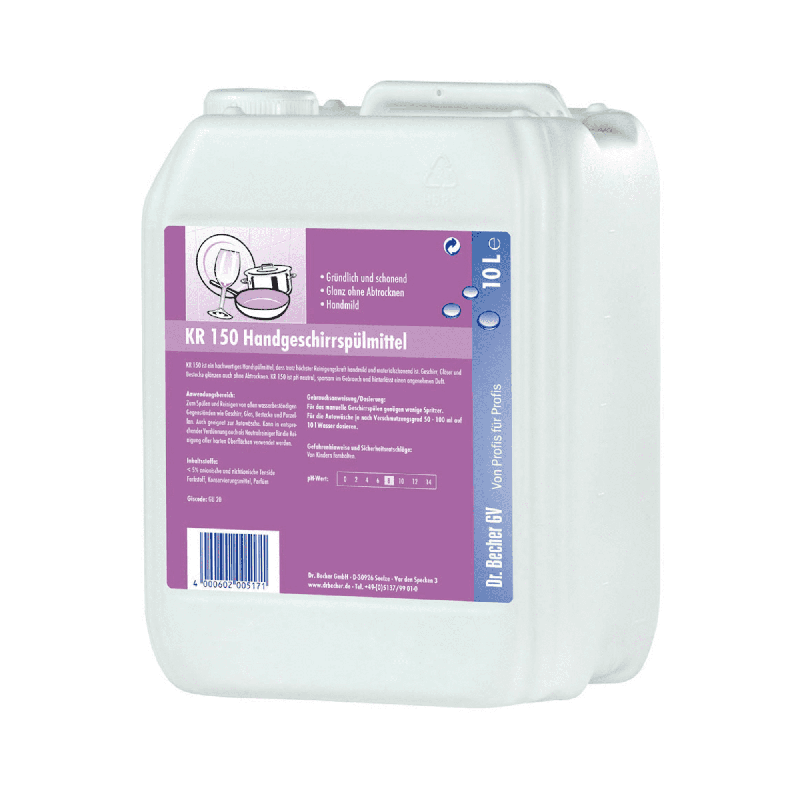 A 10-liter canister made of white plastic labeled "Dr. Becher KR 150 hand dishwashing liquid" with purple details and text, as well as instructions and a barcode on the label.