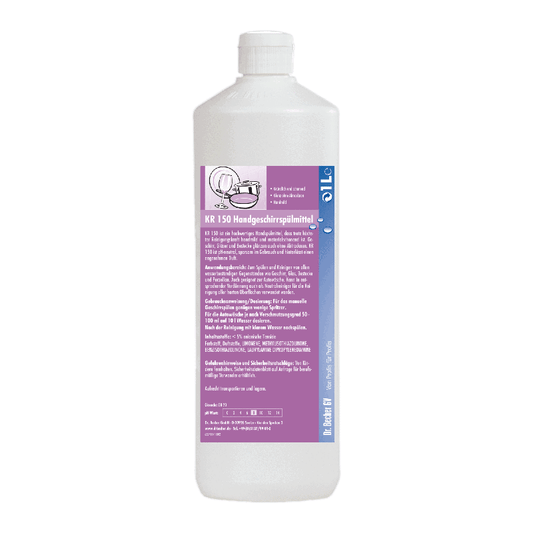 A bottle of Dr. Becher KR 150 hand dishwashing liquid, a dishwashing liquid, with text and instructions mainly in German on the label, accompanied by an image of dishes and