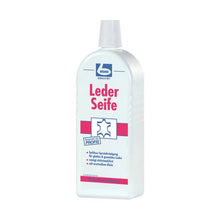 A bottle of Dr. Becher leather soap labeled "Leather Soap" in red and blue, for cleaning and caring for leather items. The bottle is white and bears the logo of Dr. Becher GmbH.
