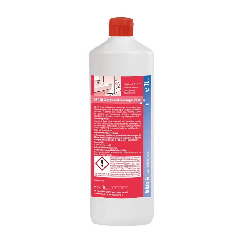 A white plastic bottle with a red cap. The label has German instructions and hazard symbols indicating that it contains a Dr. Becher SR 100 sanitary maintenance cleaner Fresh from Dr. Becher GmbH.