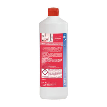 A white plastic bottle with a red cap. The label has German instructions and hazard symbols indicating that it contains a Dr. Becher SR 100 sanitary maintenance cleaner Fresh from Dr. Becher GmbH.