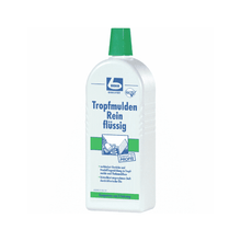 A bottle of Dr. Becher Tropfmulden Rein liquid detergent with a green cap, label in German, suitable for white and colored textiles, and Tropfmulden Rein technology