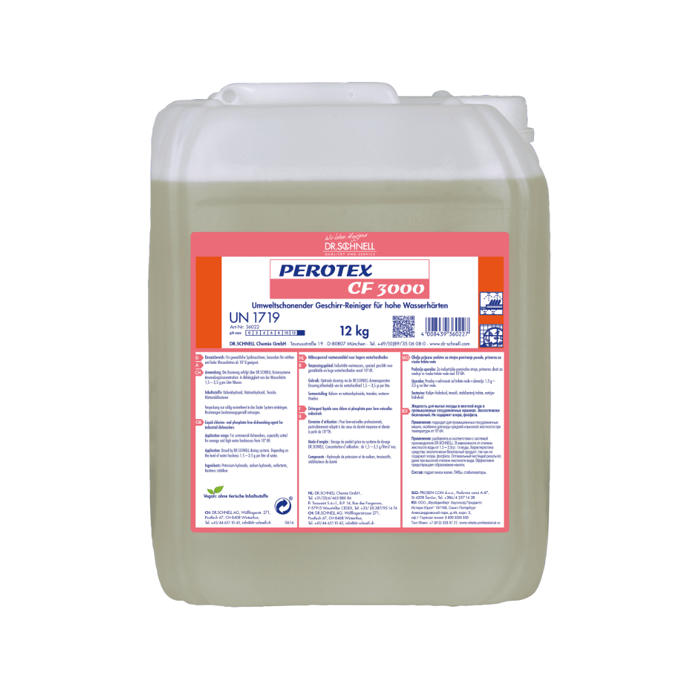 A 12 kg transparent plastic container with a handle, filled with Dr. Schnell Perotex CF 3000 dishwashing detergent from DR.SCHNELL GmbH & Co. KGaA. The white-red label shows blue product information and application instructions for hard water.
