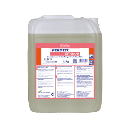 A 12 kg transparent plastic container with a handle, filled with Dr. Schnell Perotex CF 3000 dishwashing detergent from DR.SCHNELL GmbH & Co. KGaA. The white-red label shows blue product information and application instructions for hard water.