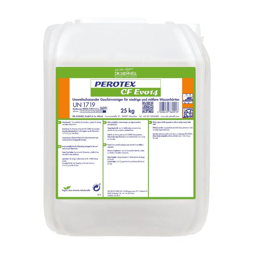 A 25-kg canister of DR.SCHNELL GmbH & Co. KGaA Perotex CF EVO 14, a chlorine-free dishwashing detergent for commercial machines, with green-orange labeling and German safety instructions.