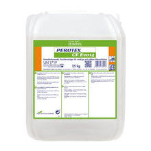 A 25-kg canister of DR.SCHNELL GmbH & Co. KGaA Perotex CF EVO 14, a chlorine-free dishwashing detergent for commercial machines, with green-orange labeling and German safety instructions.