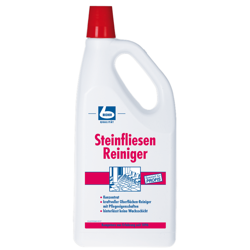 A white plastic bottle "Dr. Becher Tile Cleaner" with a red cap and red-blue label is intended for cleaning stone tiles. The label emphasizes professional quality and surface protection.