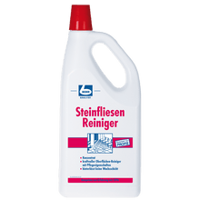 A white plastic bottle "Dr. Becher Tile Cleaner" with a red cap and red-blue label is intended for cleaning stone tiles. The label emphasizes professional quality and surface protection.